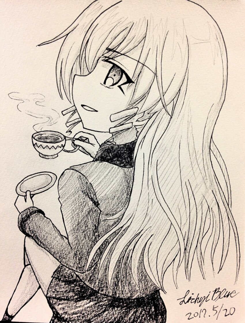 1girl, alternate_hairstyle, black_skirt, blonde_hair, cup, dated, drill_hair, from_behind