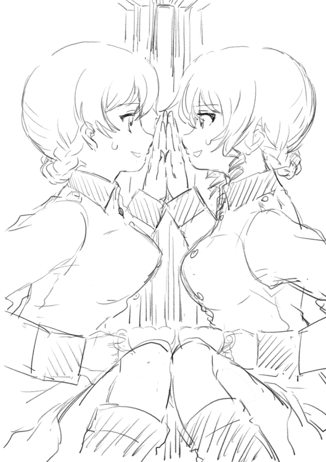 2girls, black_footwear, boots, breasts, commentary_request, cup, darjeeling_(girls_und_panzer), girls_und_panzer, girls_und_panzer_little_army, hand_on_another's_hand, holding, holding_cup, jacket, kilimanjaro_(girls_und_panzer), large_breasts, makito_(1102214), miniskirt, monochrome, multiple_girls, skirt, st._gloriana's_military_uniform, sweat, west_kureoji_grona_military_uniform