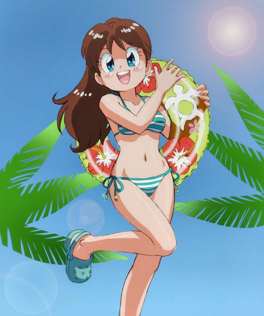 1girl, bikini, blue_bikini, blue_eyes, blush_stickers, breasts, brown_hair, collarbone, crocs, genji_tsuushin_agedama, halterneck, heike_ibuki, highres, holding, holding_swim_ring, innertube, lens_flare, long_hair, looking_at_viewer, mizutani_kenta, multicolored_bikini, navel, open_mouth, original, outdoors, palm_tree, side-tie_bikini_bottom, sky, solo, standing, standing_on_one_leg, striped_bikini, striped_clothes, sun, sunlight, swim_ring, swimsuit, tenpuraken, tree, two-tone_bikini, white_bikini