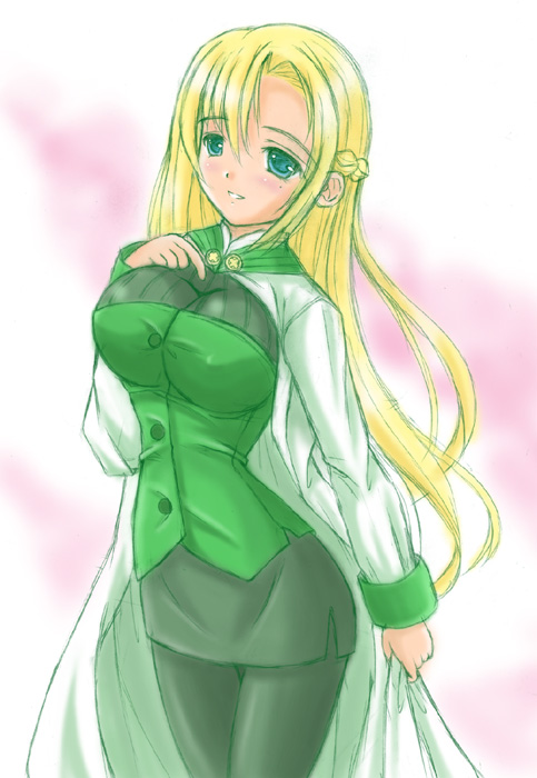 1girl, blonde_hair, blue_eyes, blush, braid, breasts, coat, female_focus