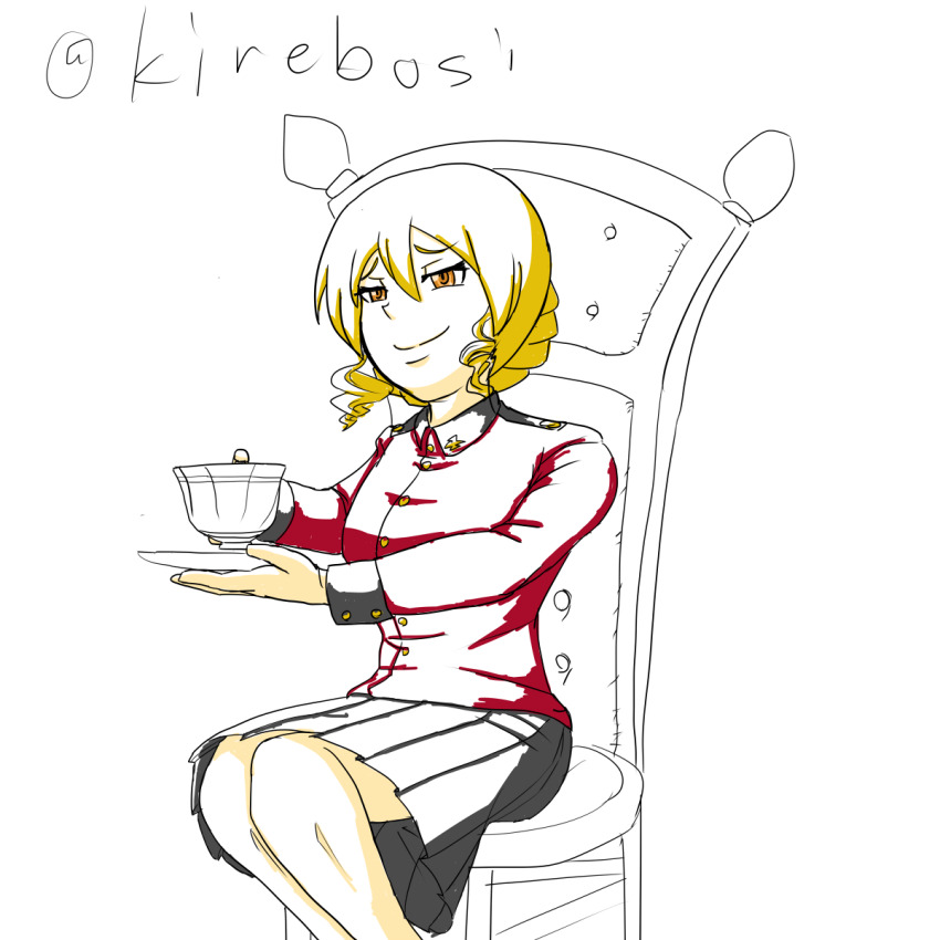 1girl, artist_request, black_skirt, blonde_hair, braid, chair, coffee_mug, cup