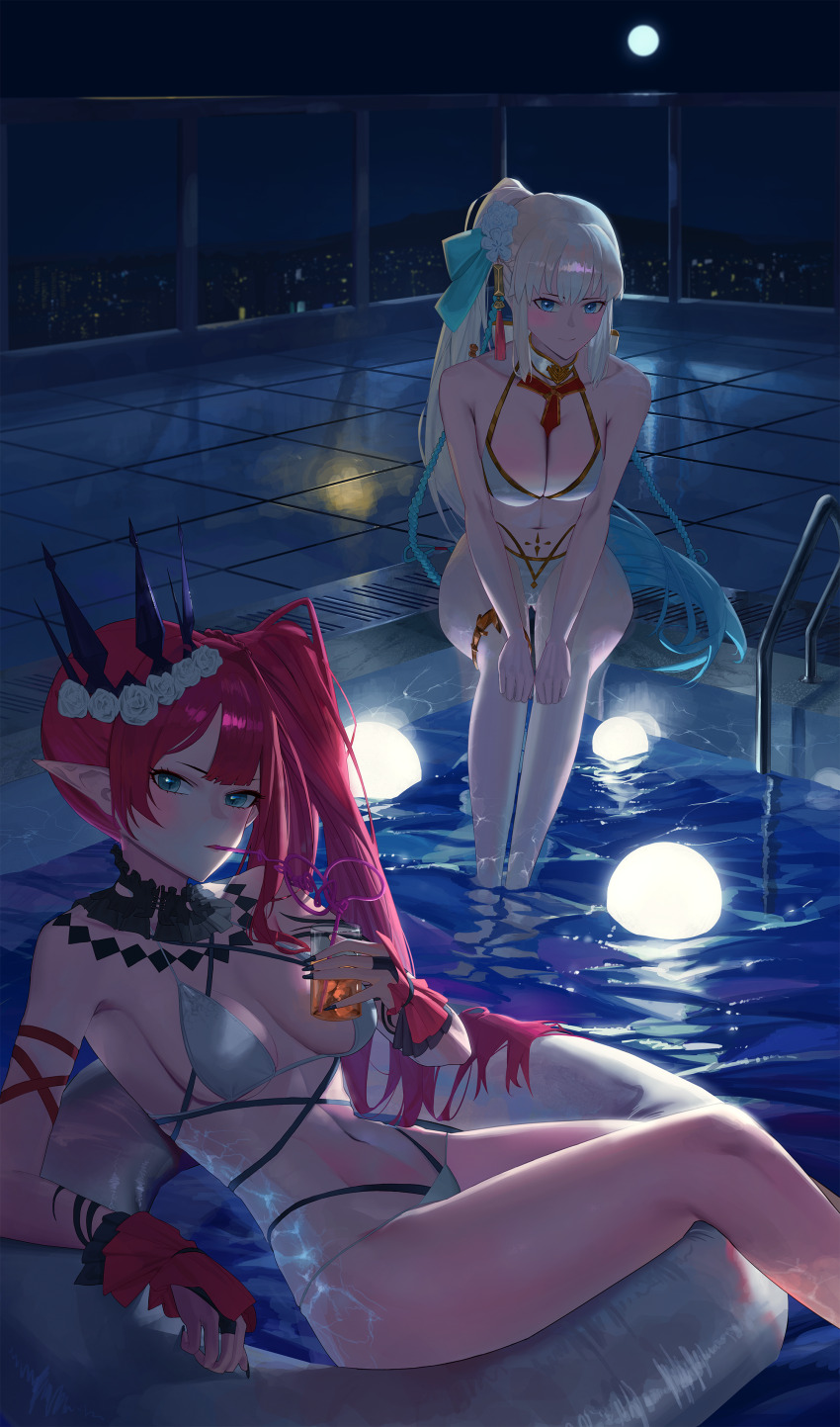 2girls, absurdres, baobhan_sith_(fate), baobhan_sith_(swimsuit_pretender)_(third_ascension)_(fate), bare_shoulders, bikini, blue_eyes, blue_hair
