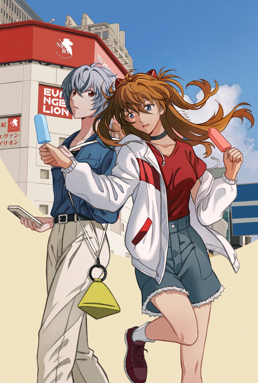 2girls, alternate_costume, ayanami_rei, belt, black_belt, blue_eyes, blue_hair, blue_shirt, casual, cellphone, choker, collared_shirt, denim, denim_shorts, evangelion:_3.0+1.0_thrice_upon_a_time, food, grover.y, hair_between_eyes, hair_ornament, highres, holding, holding_phone, hood, hood_down, hooded_jacket, interface_headset_(evangelion), jacket, long_hair, looking_at_another, multiple_girls, neon_genesis_evangelion, off_shoulder, open_mouth, orange_hair, pants, phone, popsicle, rebuild_of_evangelion, red_eyes, red_footwear, red_shirt, shirt, shirt_tucked_in, short_hair, shorts, smartphone, socks, souryuu_asuka_langley, standing, standing_on_one_leg, striped_clothes, striped_shirt, two_side_up, white_jacket, white_pants, white_socks