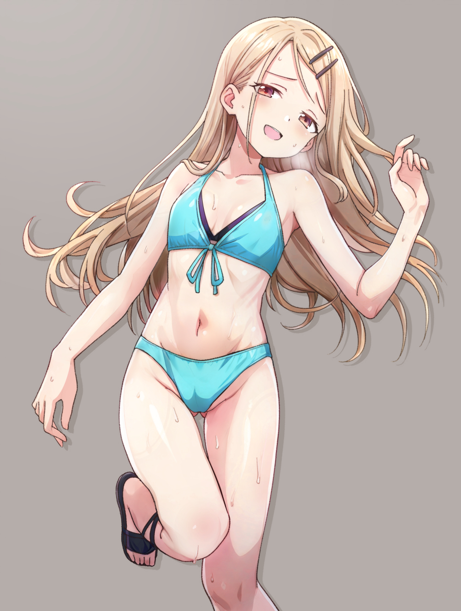 1girl, bikini, blonde_hair, blue_bikini, brown_eyes, front-tie_bikini_top, front-tie_top, gakuen_idolmaster