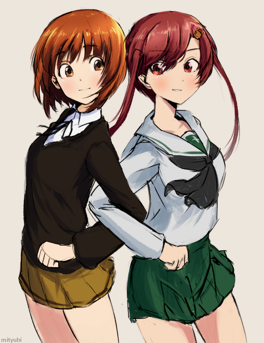 2girls, bellwall_school_uniform, black_ribbon, black_sweater, blush, breasts, brown_eyes, brown_hair