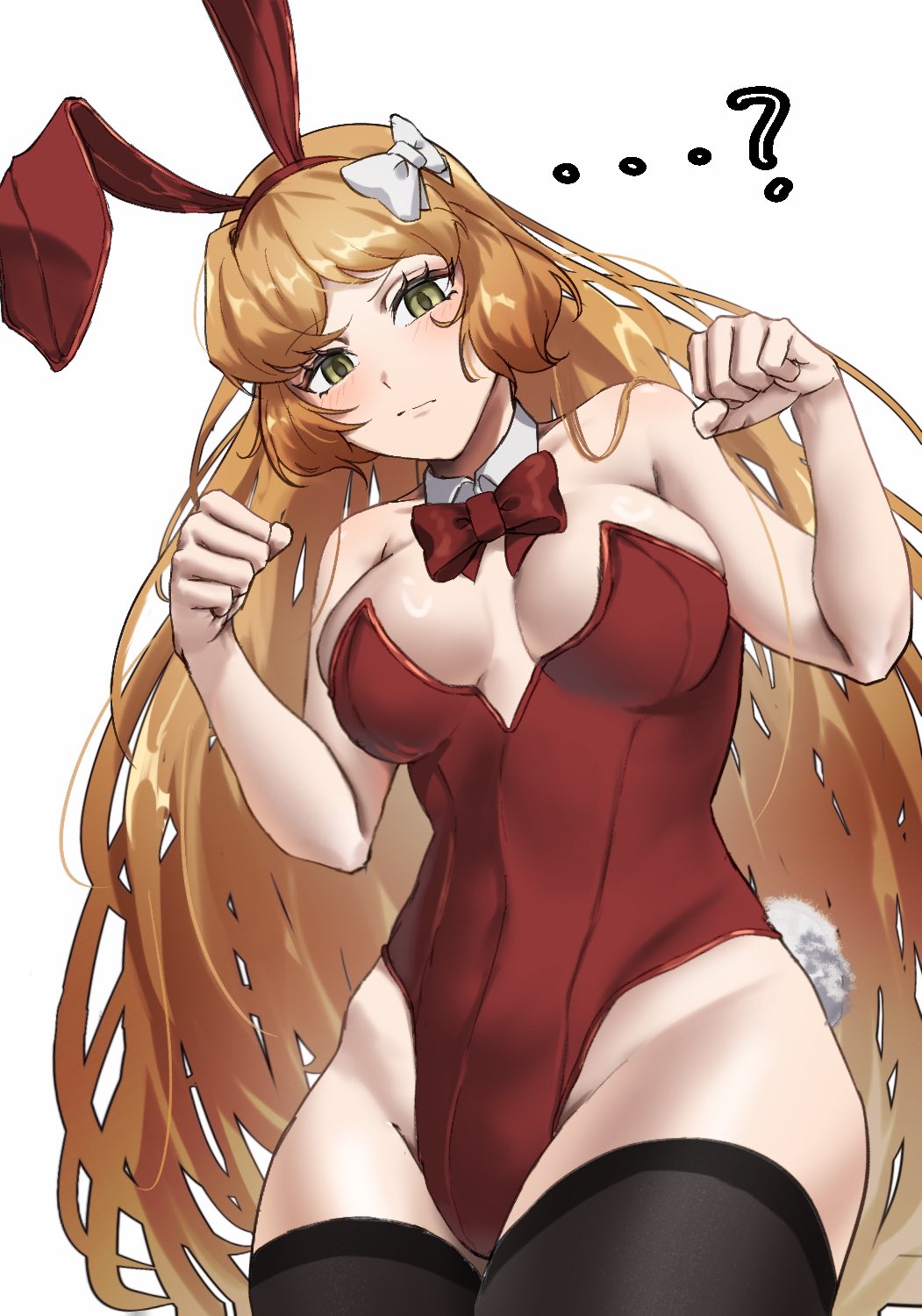 1girl, animal_ears, black_thighhighs, bow, bowtie, breasts, breasts_apart, cowboy_shot, detached_collar, hair_bow, highres, ishmael_(project_moon), leotard, limbus_company, looking_at_viewer, medium_breasts, nomuyo_pm, paw_pose, project_moon, rabbit_ears, red_bow, red_bowtie, red_leotard, simple_background, thighhighs, white_background, white_bow