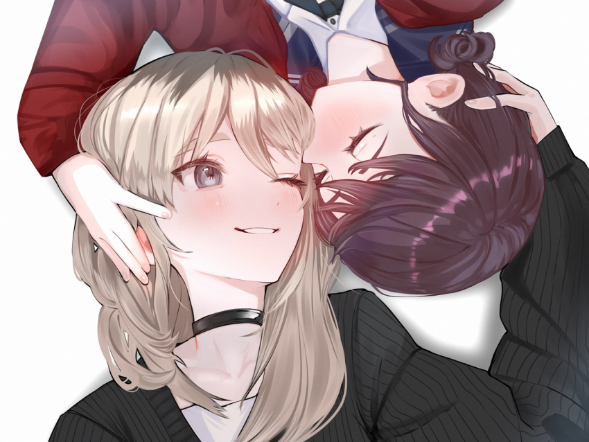 2girls, black_choker, black_sweater, choker, closed_eyes, commentary_request, girls_band_cry, grey_eyes