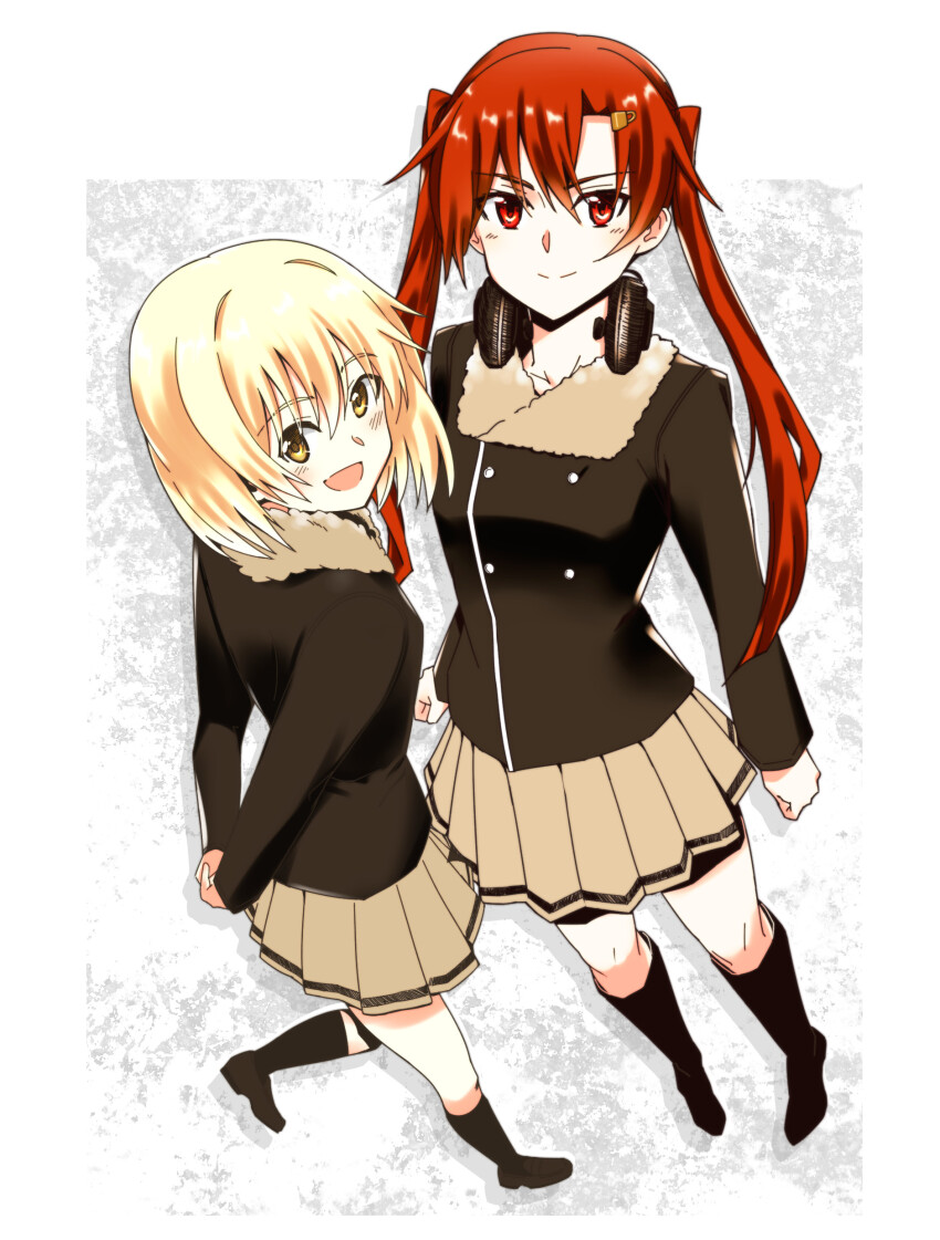 2girls, absurdres, bellwall_military_uniform, black_footwear, black_jacket, black_ribbon, blonde_hair, boots