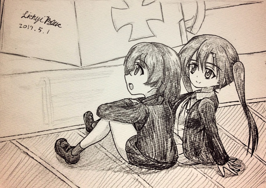 2girls, artist_name, bellwall_school_uniform, black_jacket, character_request, dated, girls_und_panzer, girls_und_panzer_little_army