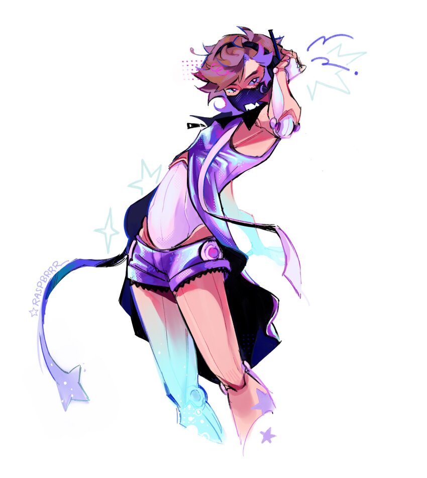 1other, alternate_costume, androgynous, brown_hair, commentary, cowboy_shot, cyber_fashion, english_commentary