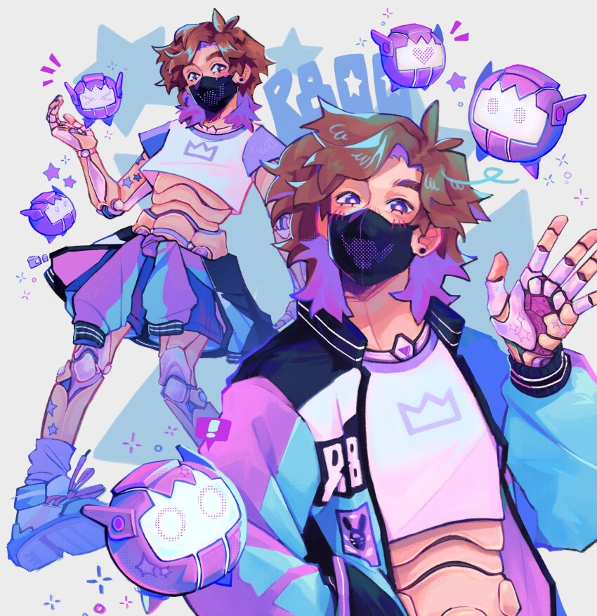 1other, adapted_costume, androgynous, brown_hair, character_name, commentary, crop_top, english_commentary