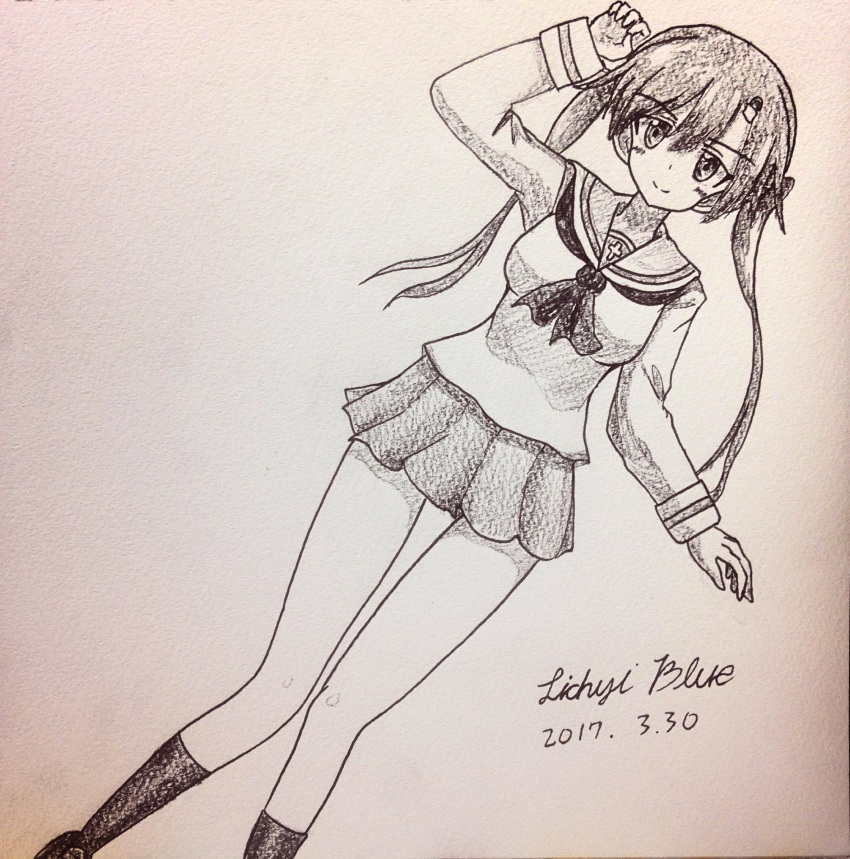 alternate_costume, artist_name, black_socks, blush, dated, girls_und_panzer, girls_und_panzer_little_army, hair_ornament