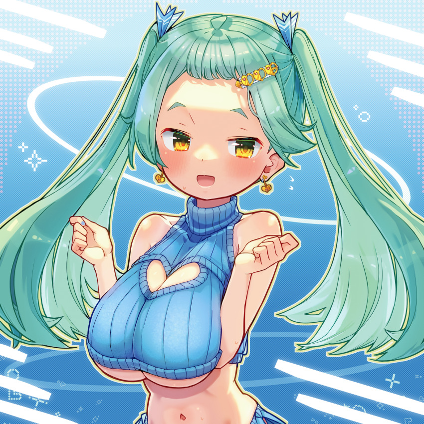 1girl, :d, bare_shoulders, blue_background, blue_nails, blue_ribbon, blue_skirt, blue_sweater