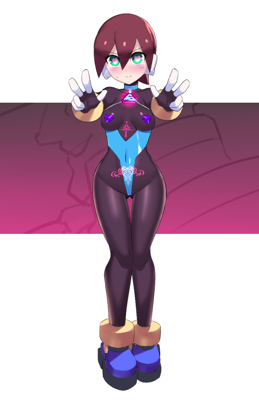 1girl, aile_(mega_man_zx), alternate_costume, black_bodysuit, blue_one-piece_swimsuit, blush, bodysuit, breasts, brown_hair, cameltoe, closed_mouth, cloud, corruption, covered_erect_nipples, covered_navel, full_body, gloves, glowing, glowing_tattoo, green_eyes, heart, heart-shaped_pupils, heart_maebari, highleg, highres, looking_at_viewer, maebari, mega_man_(series), mega_man_zx, narrow_waist, navel, one-piece_swimsuit, pubic_tattoo, robot_ears, serpent_(mega_man), short_hair, sidelocks, skin_tight, smile, solo, spandex, standing, swimsuit, swimsuit_over_clothes, symbol-shaped_pupils, tattoo, turtleneck, ukimukai