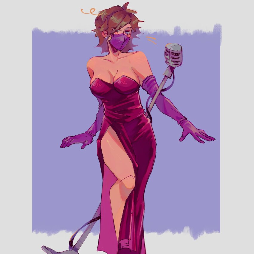 1girl, blue_background, border, breasts, brown_hair, cleavage, commentary, drag_queen, dress, english_commentary, genderswap, genderswap_(otf), highres, large_breasts, looking_down, mask, microphone, minecraft_youtube, miss_beloved, mouth_mask, painstarrr, ranboo, ranboo_(r800), ranboo_(r800)_(miss_beloved), real_life, red_dress, short_hair, side_slit, solo, standing, white_border