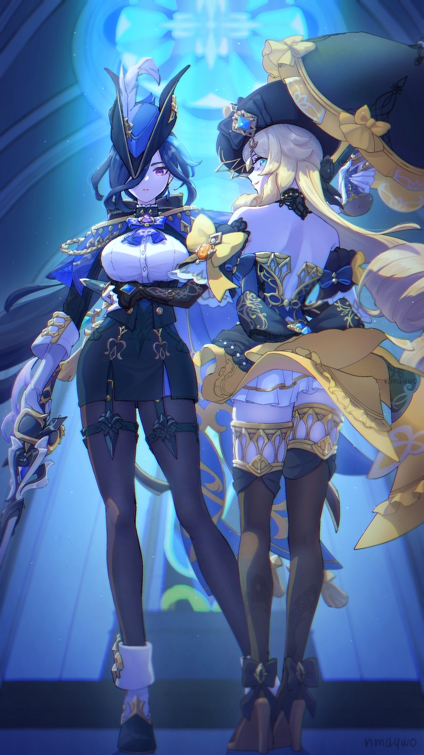 2girls, absolution_(genshin_impact), absurdres, antique_firearm, ascot, back, bare_shoulders, black_corset