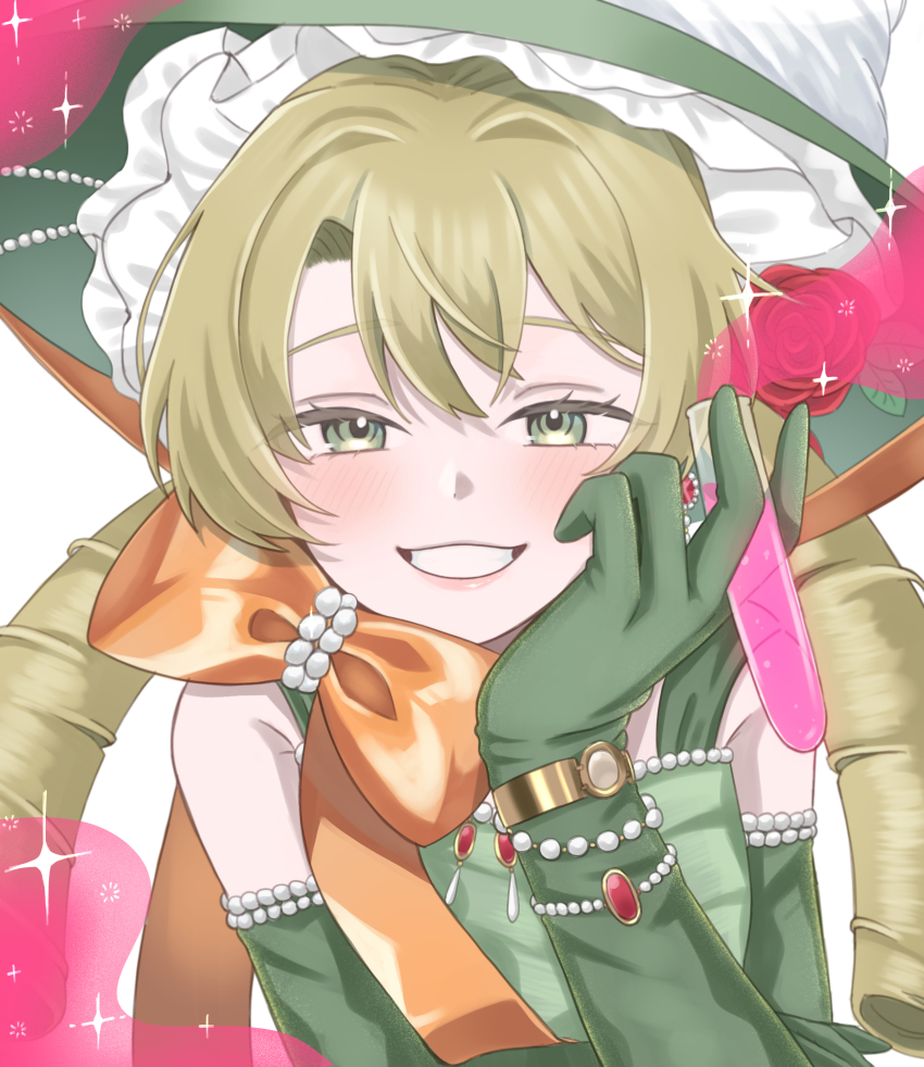 1girl, absurdres, bare_shoulders, between_fingers, blonde_hair, bow, bracelet, chinstrap