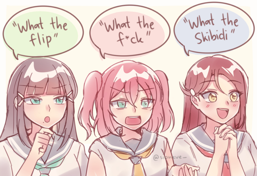 3girls, black_hair, blunt_bangs, blush, bxsql_wtf_trio_(meme), commentary, english_commentary, english_text