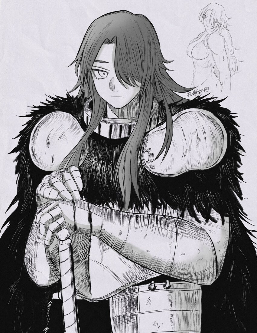 1girl, absurdres, angvall, armor, bathing, cape, centuria, commentary, english_commentary, fur_cape, gauntlets, hair_over_one_eye, highres, holding, holding_sword, holding_weapon, jellycaaakes, knight, long_hair, looking_at_viewer, monochrome, muscular, muscular_female, nude, pommel, shoulder_armor, signature, sword, weapon, white_background