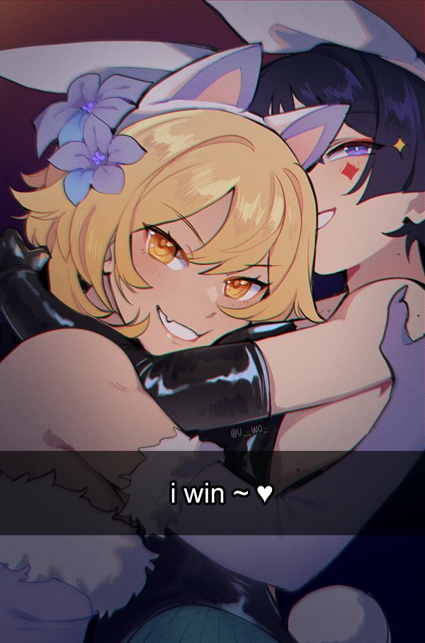1boy, 1girl, alternate_costume, animal_ears, aqua_pantyhose, armpit_crease, bare_shoulders, between_breasts, black_gloves, black_hair, black_leotard, blonde_hair, blue_flower, blush, breasts, carbuncly, cat_ears, cheek_bulge, contemporary, crossdressing, diamond_(shape), diamond_facial_mark, double-parted_bangs, elbow_gloves, english_text, eyeliner, eyeshadow, facial_mark, fake_animal_ears, fang, fingernails, fishnet_pantyhose, fishnets, flower, fur-trimmed_gloves, fur-trimmed_leotard, fur_trim, genshin_impact, gloves, gradient_background, hair_between_eyes, hair_flower, hair_ornament, head_between_breasts, hetero, highleg, highleg_leotard, hug, leotard, looking_at_viewer, lumine_(genshin_impact), makeup, male_playboy_bunny, mole, mole_on_armpit, mole_on_shoulder, multicolored_flower, pantyhose, parted_bangs, parted_lips, playboy_bunny, purple_background, purple_eyes, rabbit_ears, red_eyeliner, red_eyeshadow, scaramouche_(genshin_impact), sharp_fingernails, short_hair, sideboob, sidelocks, single_bare_shoulder, skin_fang, smile, trap, twitter_username, white_flower, yellow_background, yellow_eyes