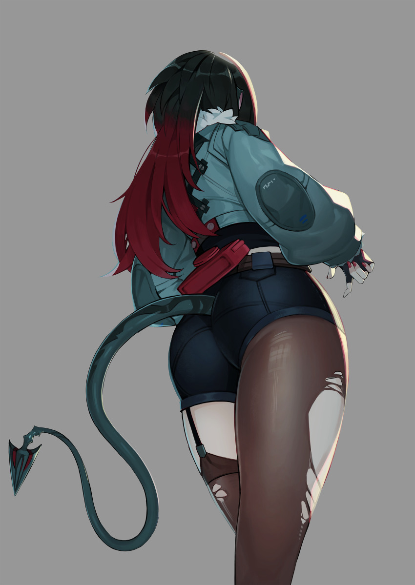 1girl, absurdres, ass, black_gloves, black_pantyhose, black_shorts, cowboy_shot, fingerless_gloves, fingernails, from_side, fur-trimmed_jacket, fur_trim, gloves, green_hair, green_jacket, grey_eyes, highres, jacket, jane_doe_(zenless_zone_zero), long_hair, multicolored_hair, nail_polish, pantyhose, red_hair, red_nails, shorts, sitting, solo, tail, thighs, two-tone_hair, yugo_(yuno65), zenless_zone_zero