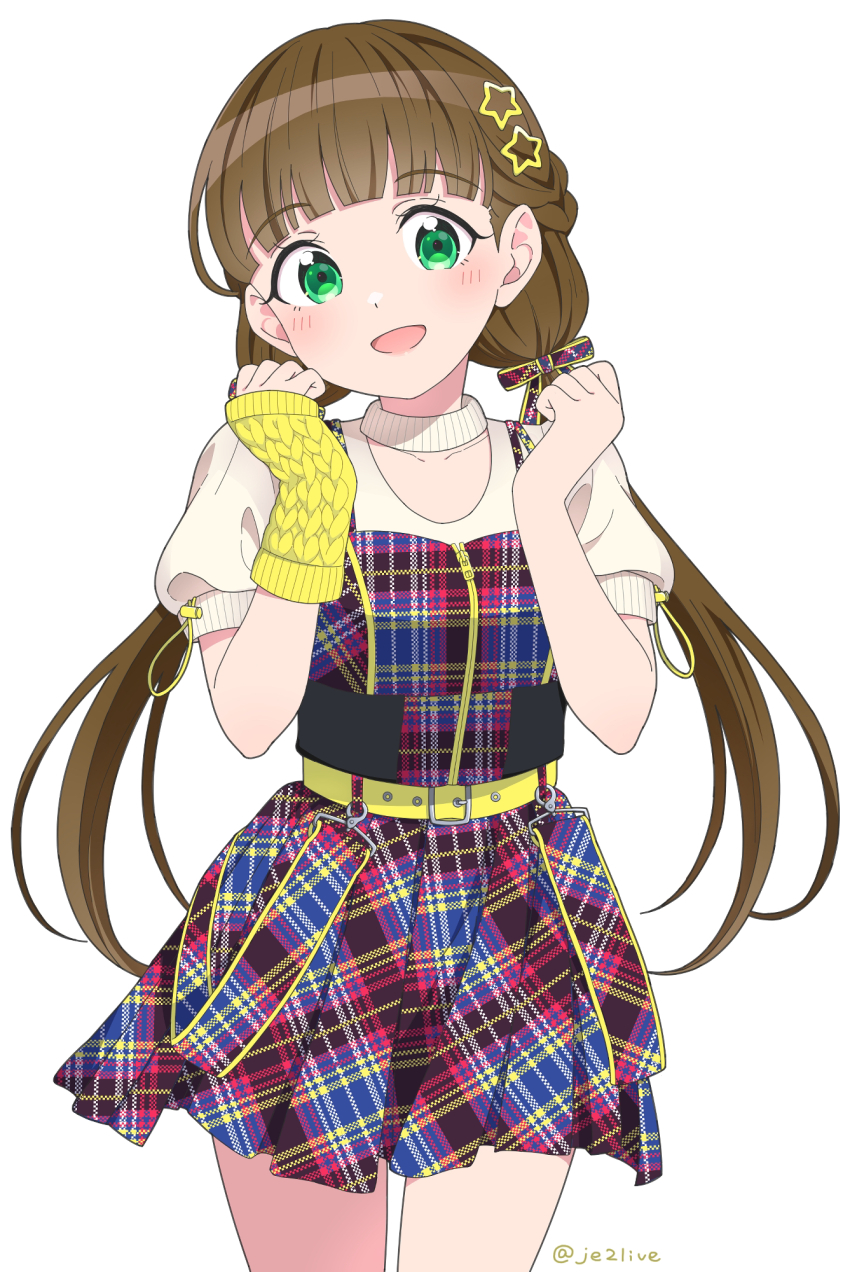 1girl, :d, arm_warmers, belt, blue_dress, blush, brown_hair, collarbone, commentary_request, cowboy_shot, dress, green_eyes, hair_ornament, hair_ribbon, half_updo, hands_up, highres, jellyfish_(love_live!), jenny_(je2live), long_hair, looking_at_viewer, love_live!, love_live!_superstar!!, low_twintails, official_alternate_costume, open_mouth, partial_commentary, pinafore_dress, plaid_clothes, plaid_dress, plaid_ribbon, pleated_dress, puffy_short_sleeves, puffy_sleeves, purple_dress, red_dress, ribbon, sakurakoji_kinako, shirt, short_dress, short_sleeves, simple_background, single_arm_warmer, sleeveless, sleeveless_dress, smile, solo, split_mouth, star_(symbol), star_hair_ornament, twintails, twitter_username, white_background, white_shirt, yellow_arm_warmers, yellow_belt