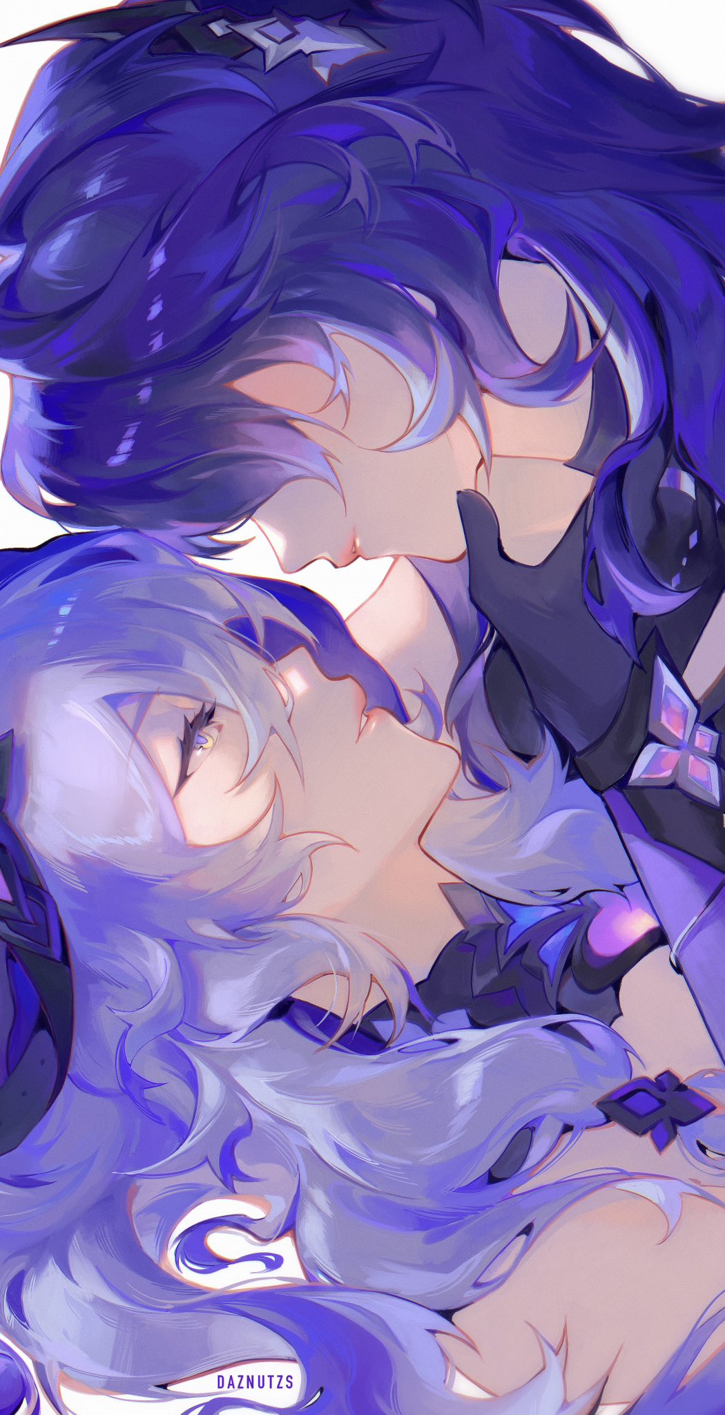 2girls, acheron_(honkai:_star_rail), artist_name, black_swan_(honkai:_star_rail), commentary, daznutzs, gloves, hand_on_another's_face