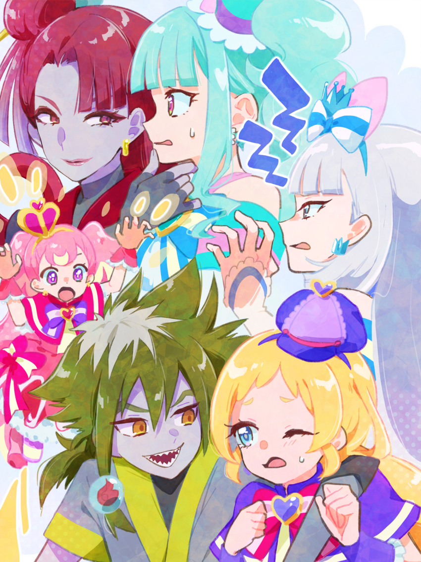 1boy, 5girls, arm_around_shoulder, blonde_hair, bow, crown, cure_friendy, cure_lillian