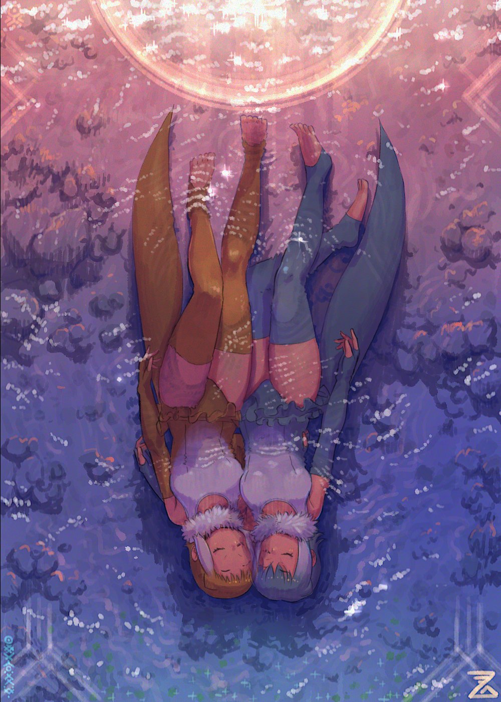 2girls, animal_ears, bare_shoulders, brown_gloves, brown_hair, brown_one-piece_swimsuit, brown_thighhighs, elbow_gloves