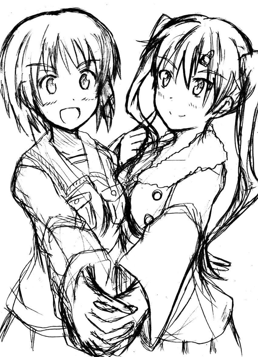 2girls, bellwall_military_uniform, breasts, girls_und_panzer, girls_und_panzer_little_army, highres, holding_hands, jacket, long_hair, meiya, monochrome, multiple_girls, nakasuga_emi, nishizumi_miho, one-hour_drawing_challenge, ooarai_military_uniform, short_hair, twintails