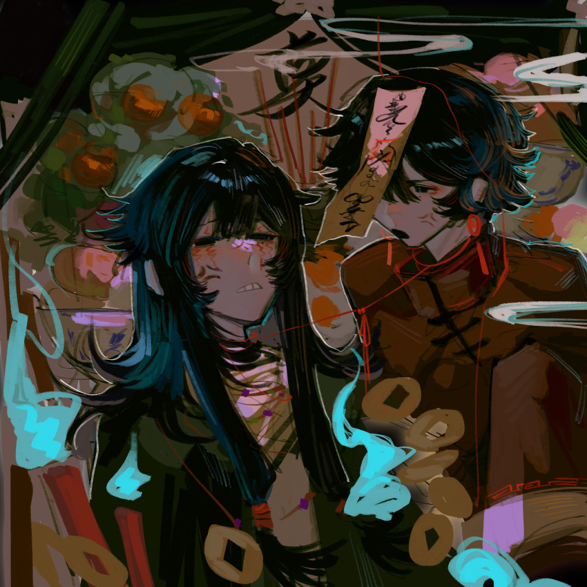 2boys, absurdres, anger_vein, black_eyes, black_hair, black_jacket, chinese_commentary, chinese_text