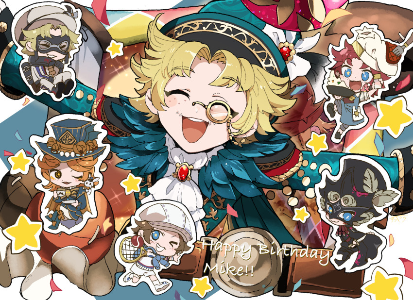 1boy, :d, ^_^, aqua_hat, arms_up, ascot, bishounen, blonde_hair, blunt_bangs, brooch, character_name, chibi, chibi_inset, closed_eyes, curtained_hair, facing_viewer, feather_collar, feathered_hair, freckles, gem, happy_birthday, hat, highres, identity_v, jewelry, light_blush, long_sleeves, male_focus, middle_part, mike_morton, mike_morton_(ace), mike_morton_(cocoa_bean), mike_morton_(cunning), mike_morton_(mr._swifts), mike_morton_(pumping_tires), mike_morton_(tea_party), multiple_persona, open_mouth, outstretched_arms, perorinsr, raised_eyebrows, red_gem, short_hair, smile, solo_focus, star_(symbol), teeth, top_hat, upper_teeth_only, white_ascot