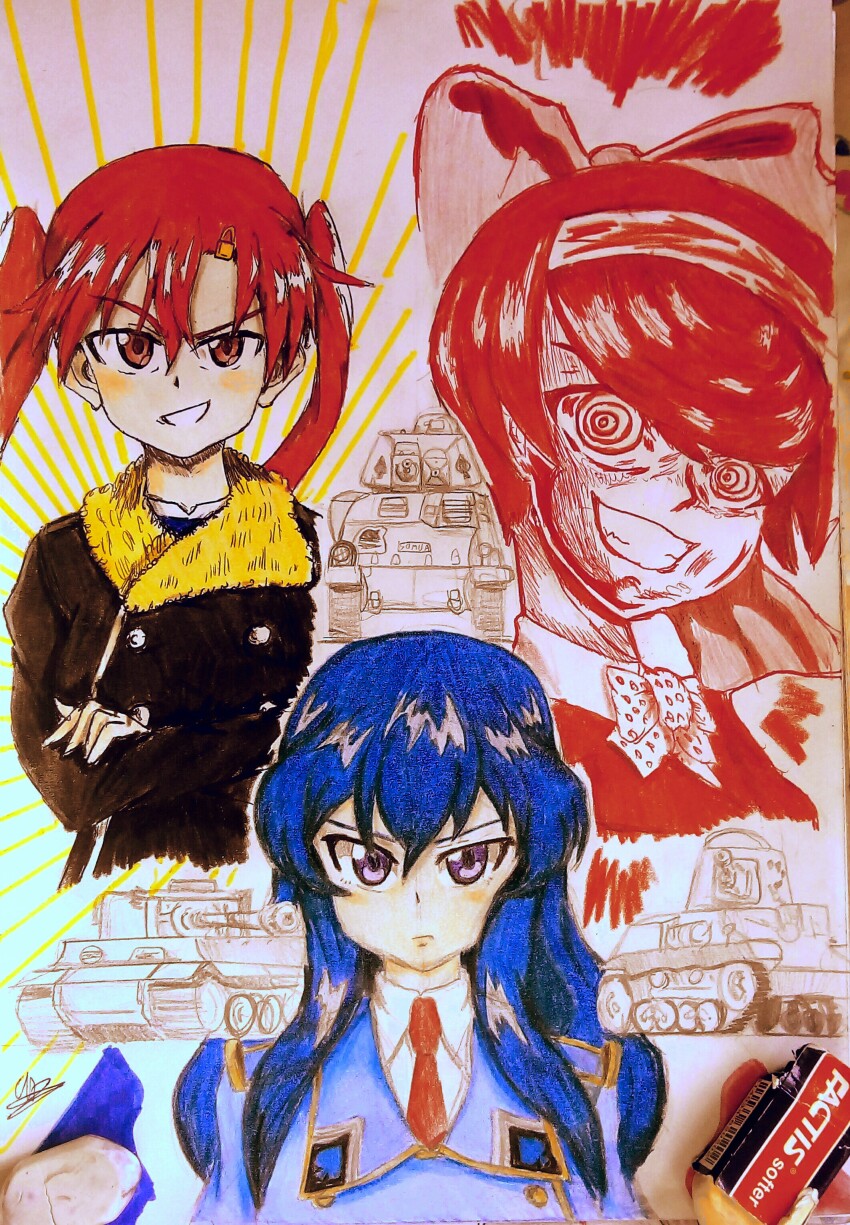 3girls, absurdres, bellwall_military_uniform, blue_hair, crossed_arms, eclair_(girls_und_panzer), girls_und_panzer, girls_und_panzer_gekitou!_maginot-sen_desu!!, girls_und_panzer_little_army, girls_und_panzer_ribbon_no_musha, hair_ornament, hair_ribbon, highres, lock, long_hair, maginot_military_uniform, military_vehicle, motor_vehicle, multiple_girls, nakasuga_emi, orange_eyes, orange_hair, red_hair, ribbon, school_uniform, shaman_garupan, somua_s35, tank, tatenashi_high_school_uniform, tiger_i, tsuruki_shizuka, twintails, type_97_te-ke