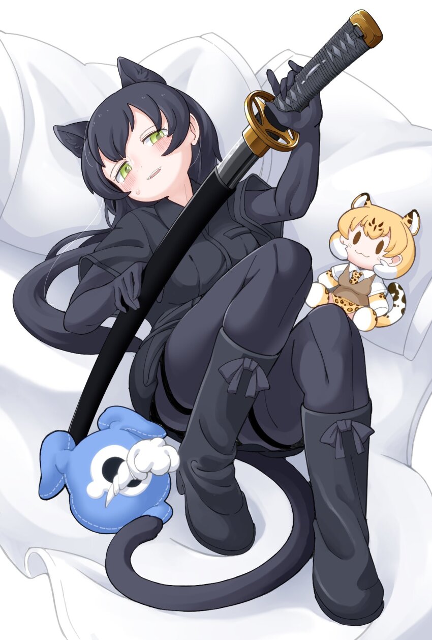 1girl, animal_ears, animal_print, black_footwear, black_gloves, black_leopard_(kemono_friends), black_pantyhose, black_skirt