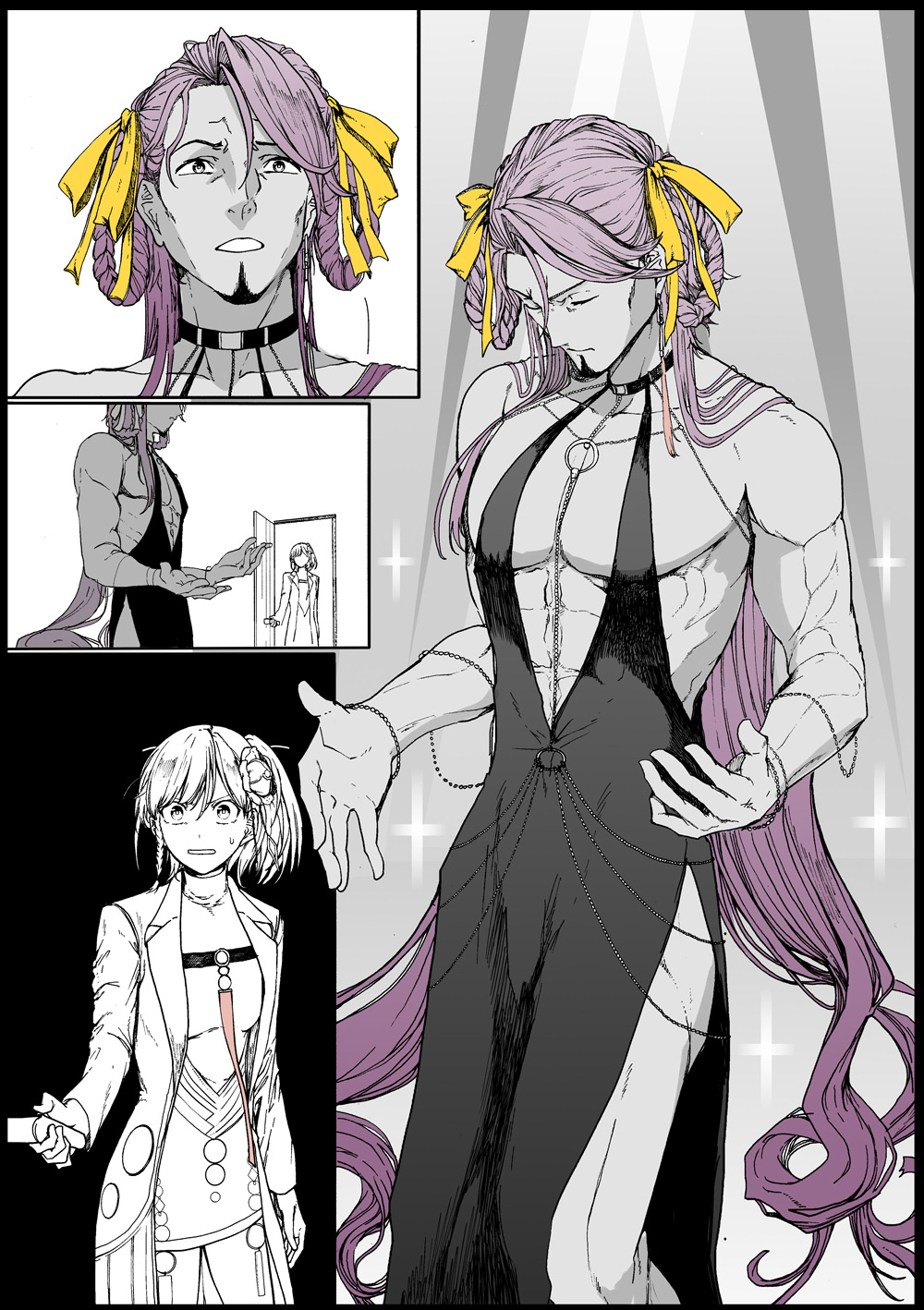 1boy, 1girl, alternate_hair_length, alternate_hairstyle, ayus_(fate), bb_(fate), bb_dubai_(fate), bb_dubai_(fate)_(cosplay)