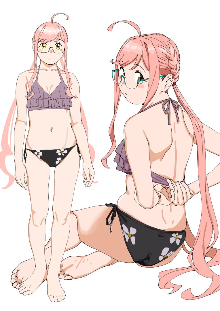 1girl, adjusting_clothes, adjusting_swimsuit, ahoge, aqua-framed_eyewear, bikini, braid, breasts