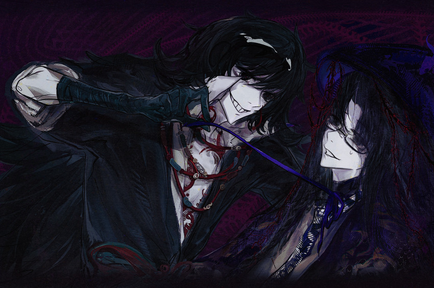 2boys, black_eyes, black_hair, black_jacket, blue_hat, blue_ribbon, brown_hanfu, chinese_commentary