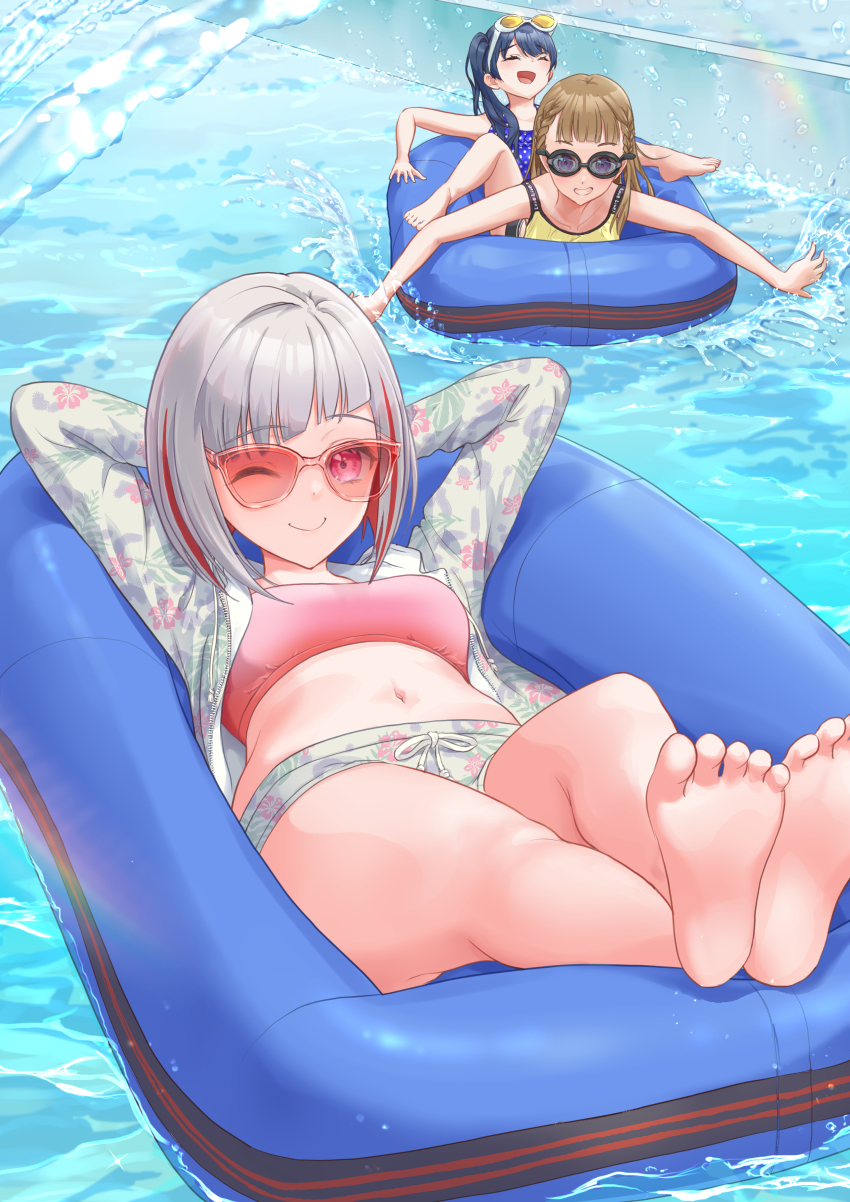 3girls, :d, ;), ^_^, absurdres, alternate_costume, arms_behind_head, arms_up