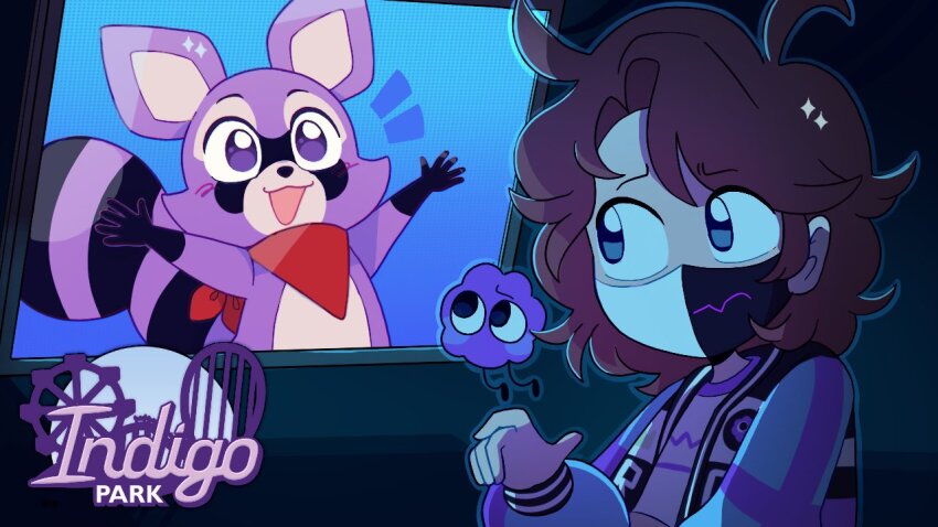 1boy, 1other, ahoge, androgynous, animal_ears, arms_up, brown_hair, commentary, copyright_name, crop_top, crossover, english_commentary, indie_virtual_youtuber, indigo_park, jacket, mask, mouth_mask, neckerchief, official_art, open_clothes, open_jacket, particles_(ranboo), raccoon_boy, raccoon_ears, raccoon_tail, rambley_the_raccoon, ranboo, ranboo_(r800), ranboo_(r800)_(1st_costume), short_hair, sleepy_cheeky, tail, virtual_youtuber