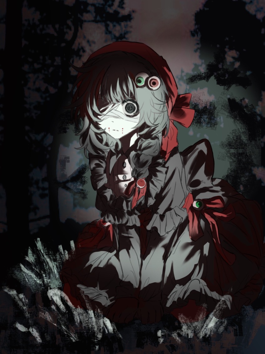 1girl, adapted_costume, black_dress, black_eyes, black_gloves, black_hair, chinese_commentary, closed_mouth, collared_dress, colored_skin, commentary_request, dress, emilydel828, eyeball_hair_ornament, gloves, hat, highres, kneeling, layered_sleeves, long_sleeves, night, outdoors, pantyhose, red_hat, red_pantyhose, short_over_long_sleeves, short_sleeves, solo, touqi_guaitan, white_skin, wide-eyed, wu_song_(female)_(touqi_guaitan)