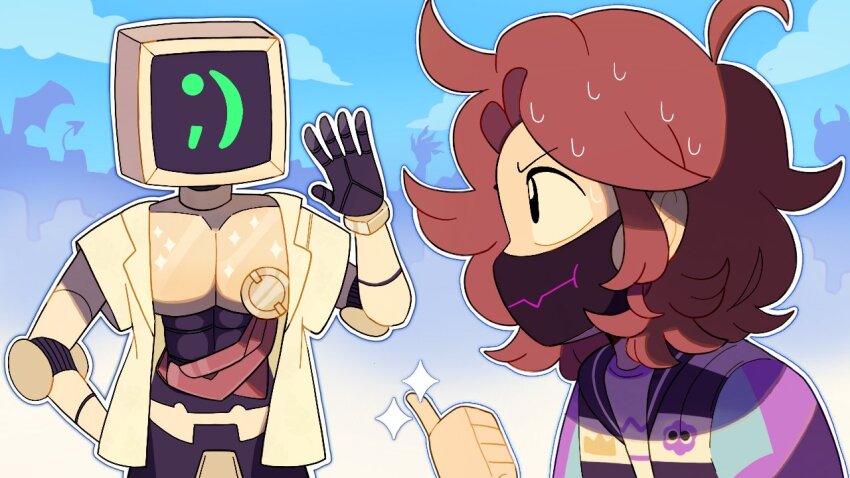 1boy, 1other, ahoge, brown_hair, calculester_hewlett-packard, commentary, english_commentary, flustered