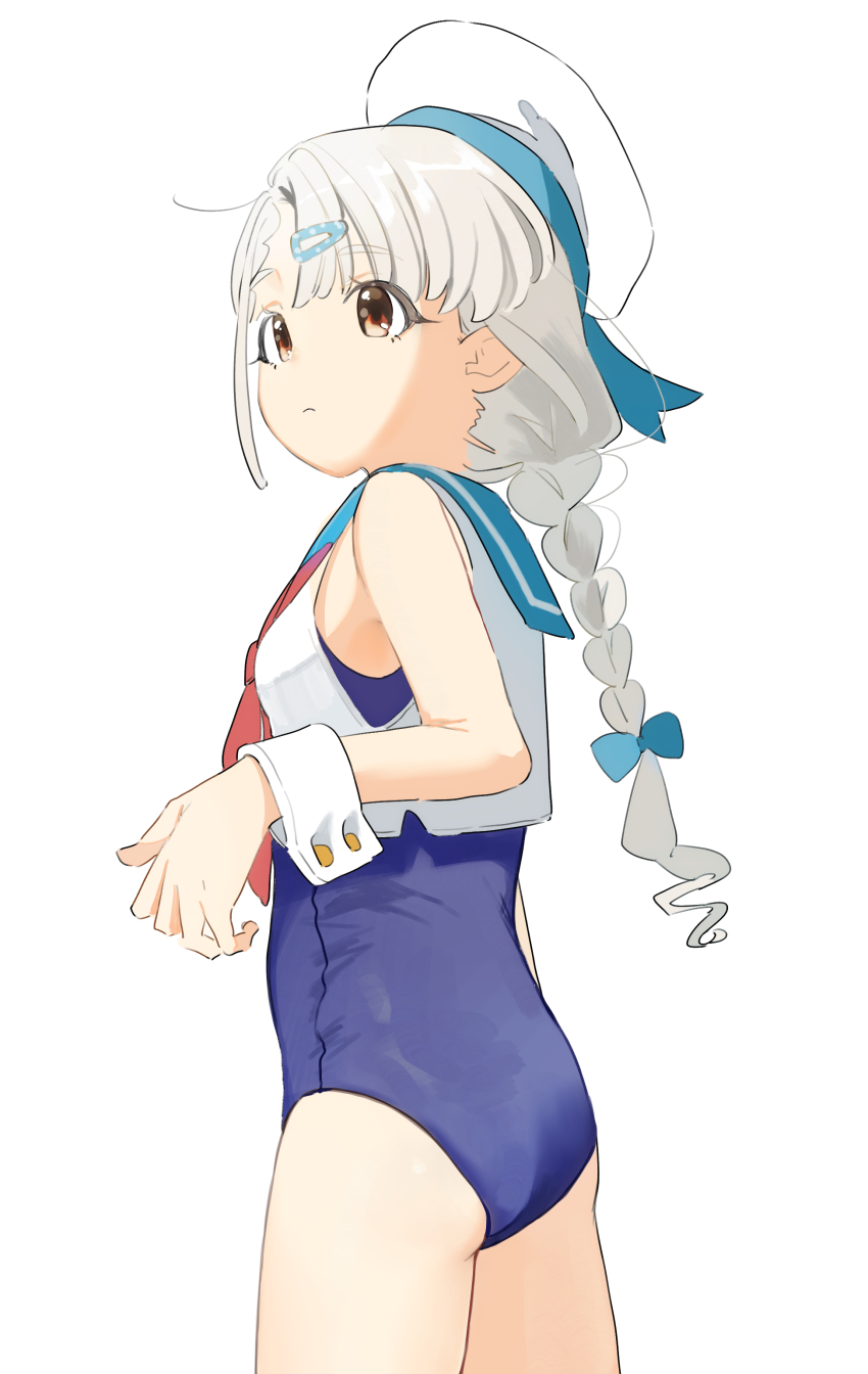 1girl, absurdres, blue_one-piece_swimsuit, brown_eyes, crop_top, expressionless, grey_hair, hair_ornament