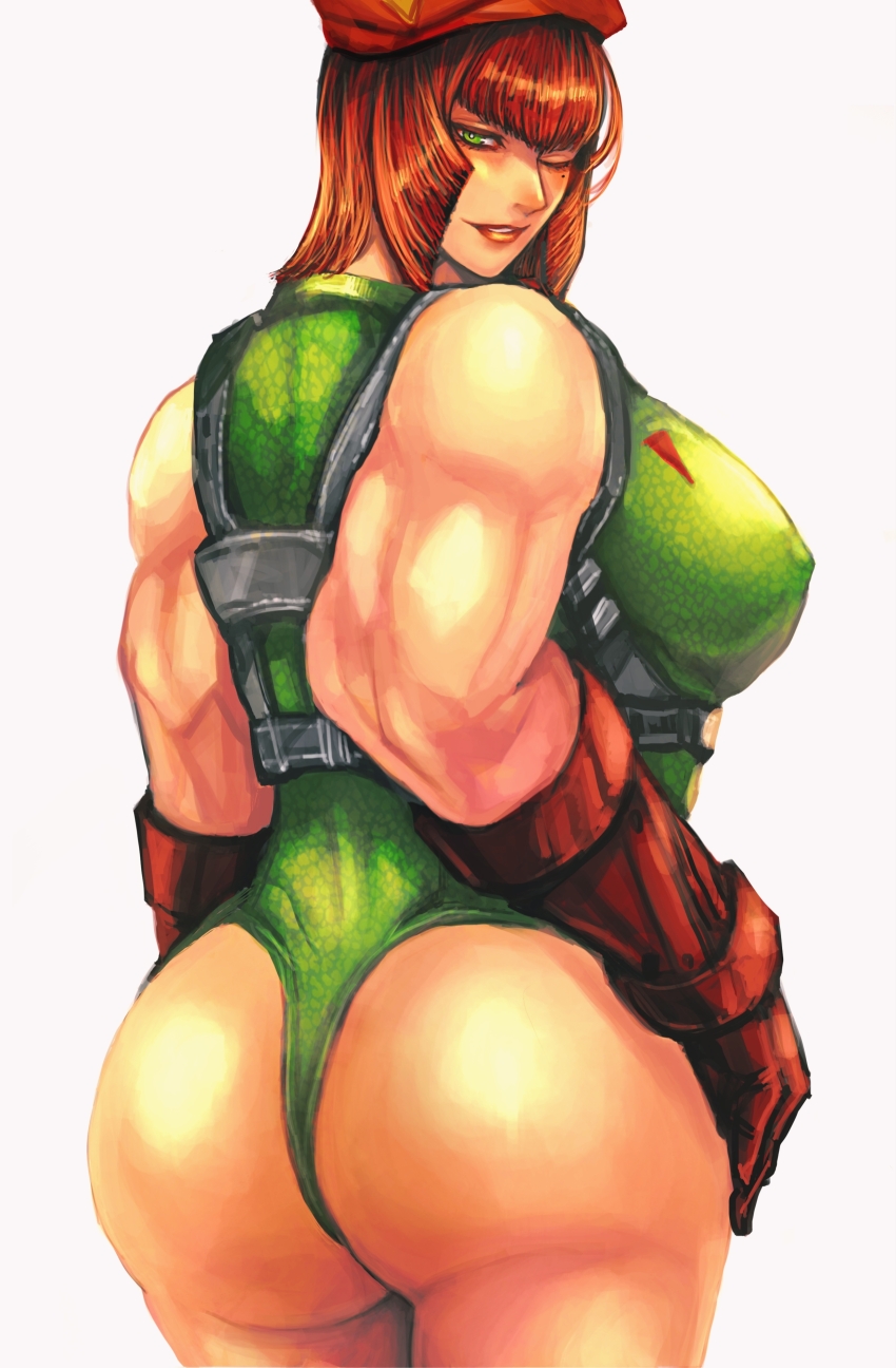 1girl, absurdres, armored_gloves, ass, beret, breasts, cammy_white, cammy_white_(cosplay), chest_harness, commentary_request, cosplay, covered_erect_nipples, diagonal_bangs, gloves, green_eyes, green_leotard, hand_on_own_hip, harness, hat, highres, large_breasts, leotard, marisa_(street_fighter), mole, mole_under_eye, muscular, muscular_female, one_eye_closed, red_gloves, red_hair, red_hat, short_hair, sidelocks, solo, street_fighter, street_fighter_6, thick_thighs, thighs, white_background, zuman_(zmnjo1440)