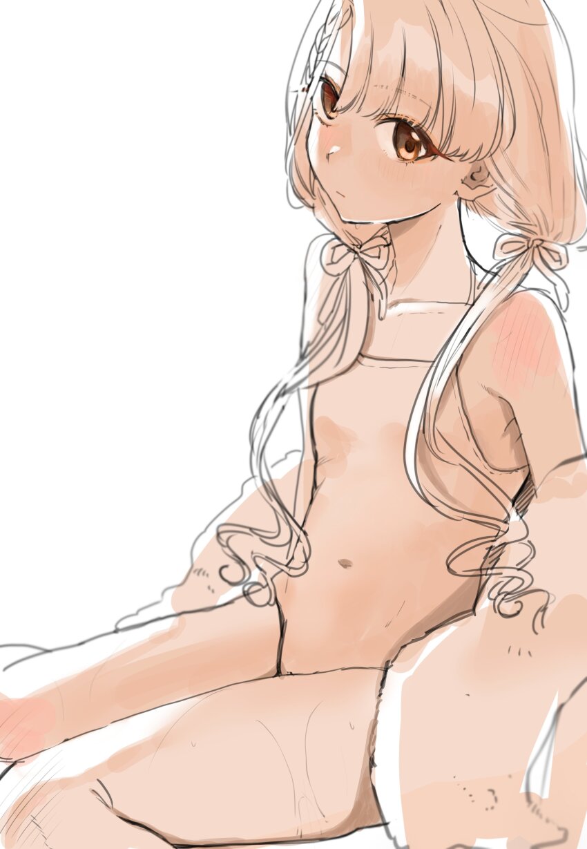 1girl, absurdres, brown_eyes, expressionless, flat_chest, highres, hisakawa_nagi, idolmaster, idolmaster_cinderella_girls, long_hair, looking_at_viewer, low_twintails, monochrome, one-piece_swimsuit, orange_theme, sitting, sketch, solo, swimsuit, twintails, yano_sou