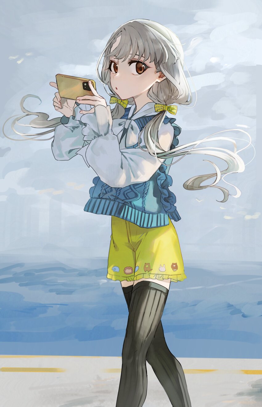 1girl, absurdres, black_thighhighs, brown_eyes, cellphone, floating_hair, grey_hair, highres