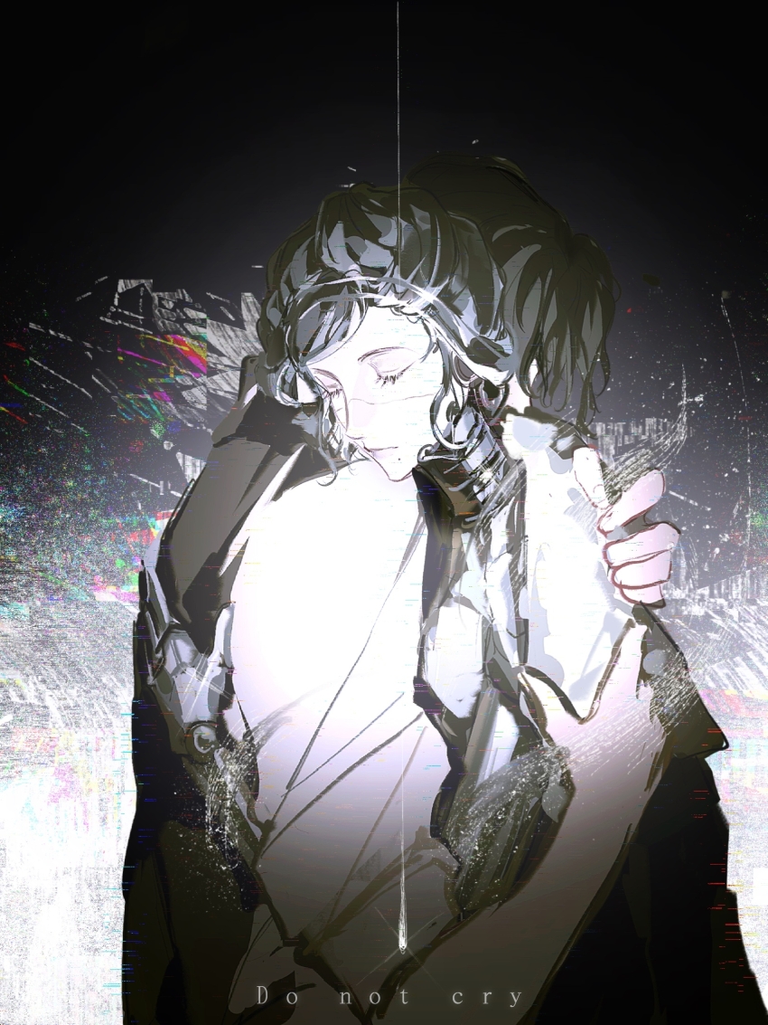 1boy, 1girl, android, black_background, black_hair, closed_eyes, coat, coat_on_shoulders