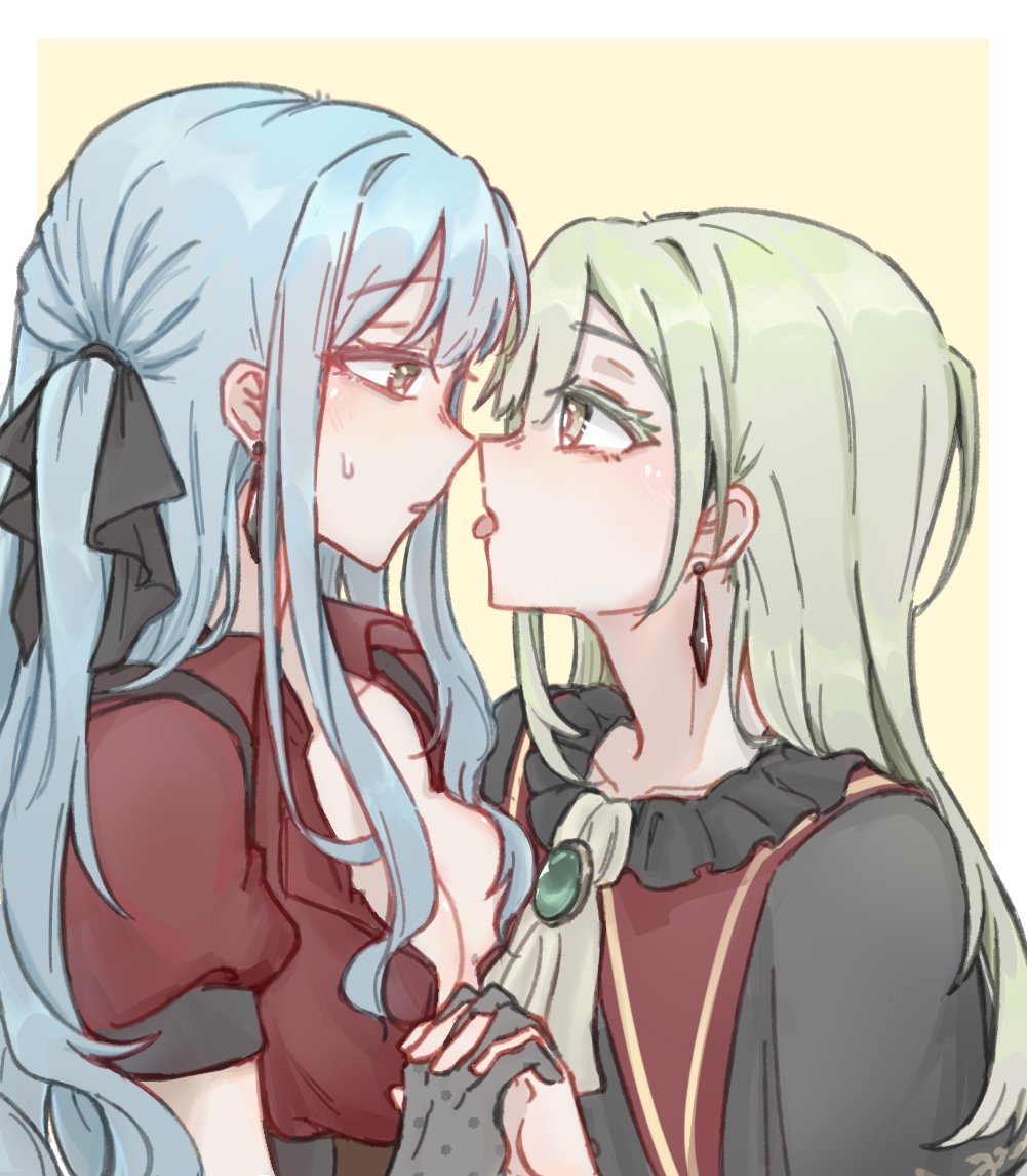 2girls, ascot, bang_dream!, bang_dream!_it's_mygo!!!!!, black_capelet, black_gloves, black_ribbon, blue_hair, border, breasts, brooch, capelet, cleavage, collared_shirt, commentary_request, earrings, eye_contact, gloves, green_ascot, green_hair, hair_ribbon, hansuku, holding_hands, interlocked_fingers, jewelry, long_hair, looking_at_another, medium_breasts, mortis_(bang_dream!), mortis_(costume)_(bang_dream!), multiple_girls, open_clothes, open_shirt, parted_lips, red_shirt, ribbon, shirt, short_sleeves, simple_background, sweatdrop, togawa_sakiko, tongue, tongue_out, two_side_up, upper_body, wakaba_mutsumi, white_border, yellow_background, yellow_eyes, yuri