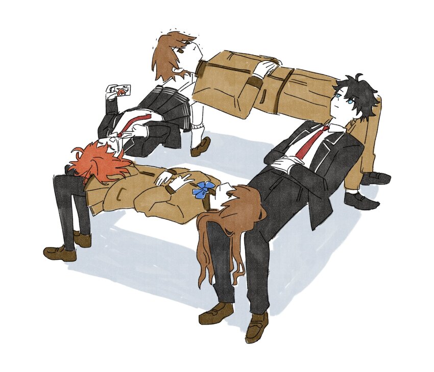 2boys, 2girls, black_hair, black_jacket, black_pants, black_pantyhose, brown_hair, brown_jacket, brown_pants, cellphone, expressionless, fate/extra, fate/grand_order, fate_(series), fujimaru_ritsuka_(female), fujimaru_ritsuka_(male), highres, jacket, kishinami_hakuno_(female), kishinami_hakuno_(male), multiple_boys, multiple_girls, necktie, orange_hair, pants, pantyhose, phone, pleated_skirt, red_necktie, school_uniform, selfie, skirt, smartphone, totetote_x, tsukumihara_academy_uniform_(fate/extra), v