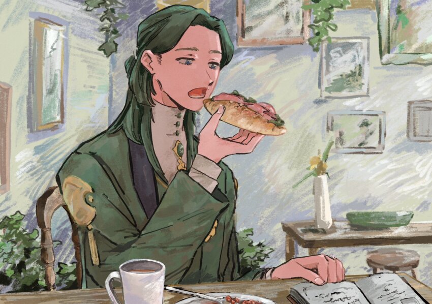 1girl, book, chair, cup, fire_emblem, fire_emblem:_three_houses, food, green_eyes, green_hair, highres, holding, holding_food, holding_sandwich, imminent_bite, indoors, linhardt_von_hevring, linhardt_von_hevring_(timeskip), long_hair, nintendo, on_chair, open_book, sandwich, shizunderu, sitting, solo