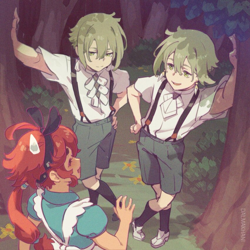 1girl, 2boys, alice_(alice_in_wonderland), alice_(alice_in_wonderland)_(cosplay), alice's_adventures_in_wonderland, apron, ascot, blue_dress